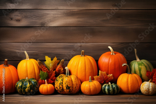 Fall harvest arrangement with pumpkins, gourds, apples, and vibrant leaves on a rustic wooden background. Perfect for autumn and Thanksgiving themes. ai generative