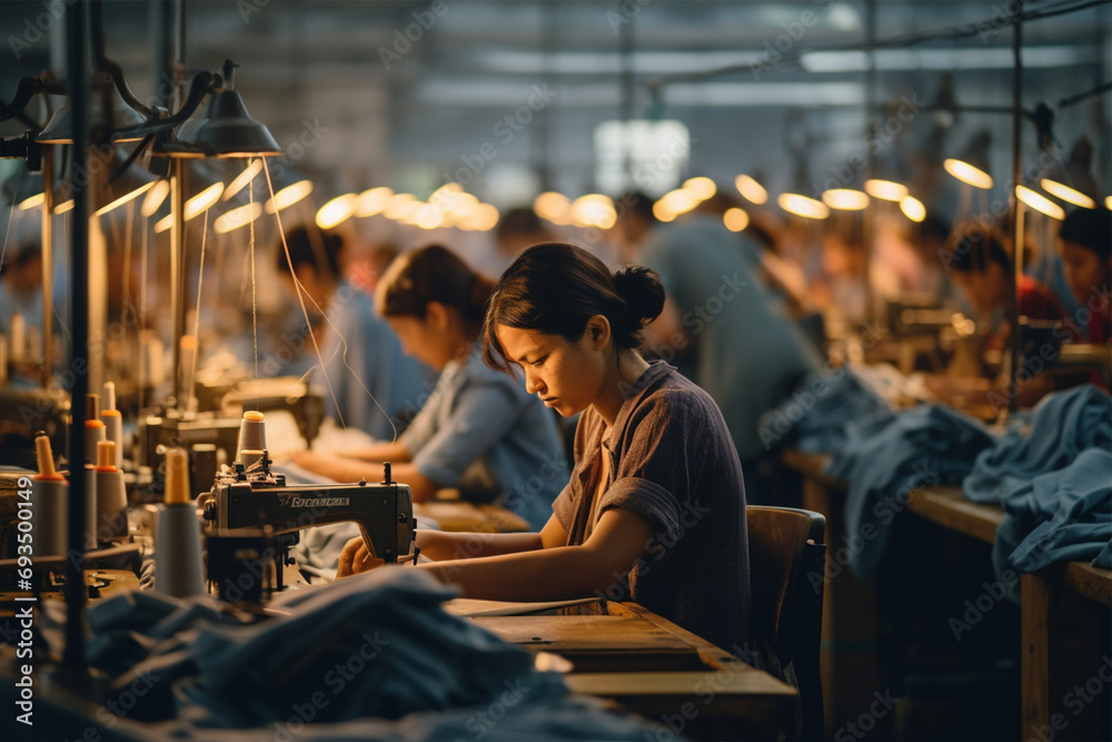 Women work at a large clothing factory - obrazy, fototapety, plakaty 