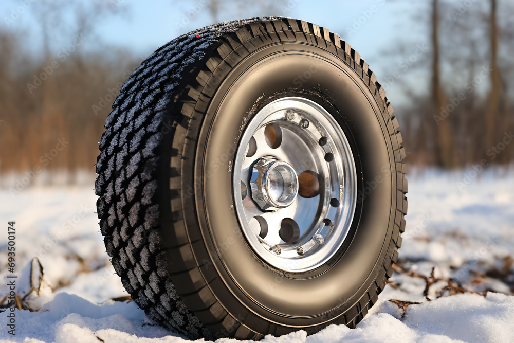 Obraz premium a car wheel on the background of a winter snow-covered forest, beautiful landscape, a concept of traffic safety on a slippery road
