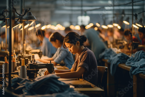 Women work at a large clothing factory