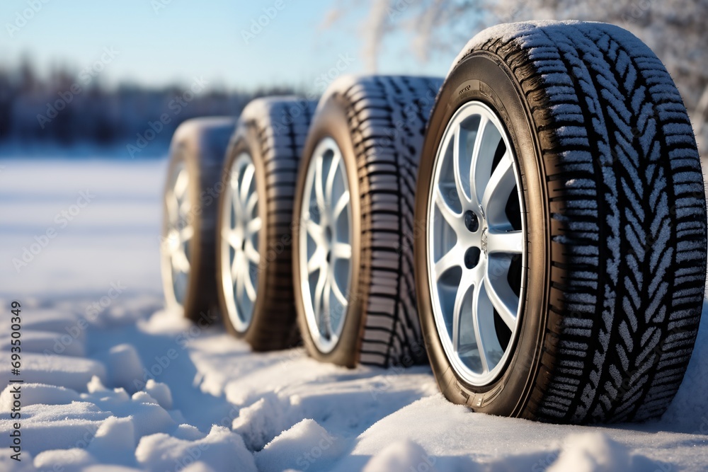 a car wheels on the background of a winter snow-covered forest, beautiful landscape, a concept of traffic safety on a slippery road
