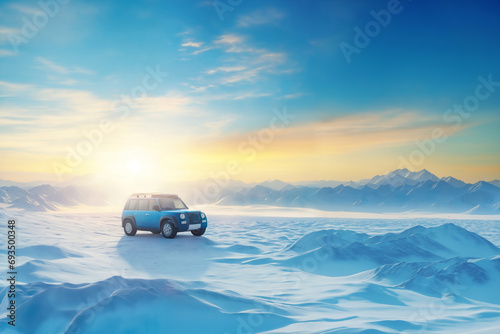 SUV on the background of a beautiful winter landscape, snow-capped mountains, bright sun and clean air, frosty freshness