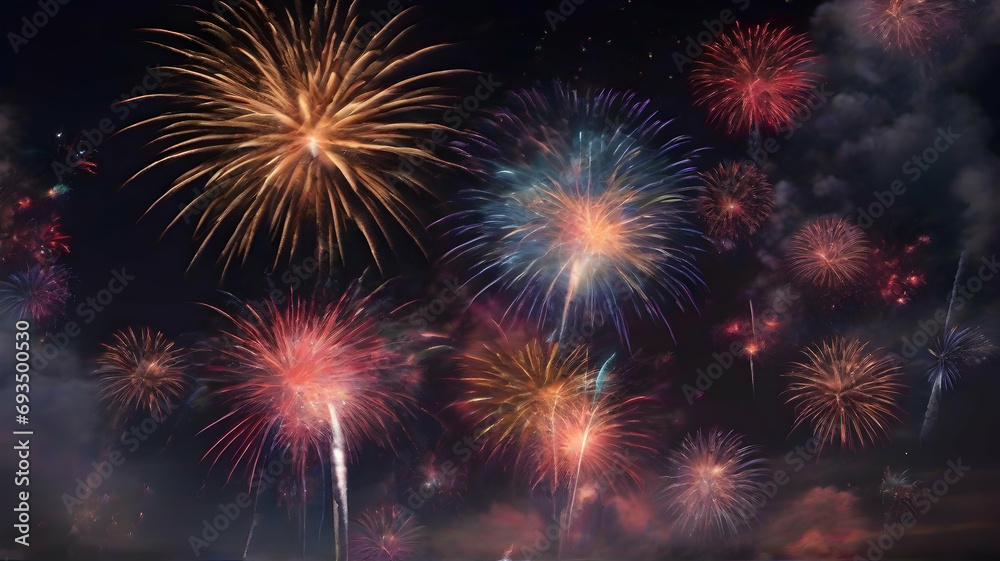 Colorful fireworks over night sky background