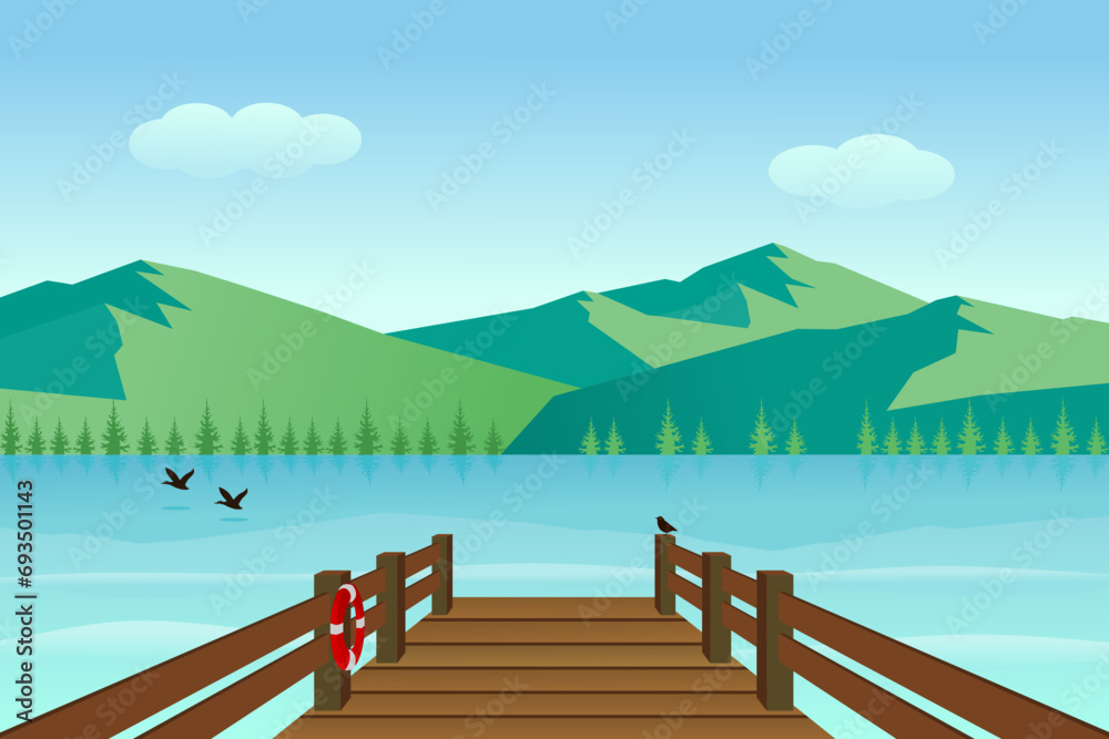 Seashore wooden pier with lake and mountains on sunny day. Vector illustration. - obrazy, fototapety, plakaty 