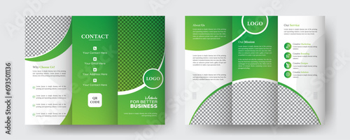 Business trifold brochure template for corporations. Professional, artistic, and contemporary vector design for a tri-fold brochure. A clean, green promotional layout that is simple and minimalistic.
