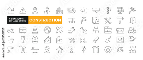 Set of 50 Construction line icons set. Construction outline icons with editable stroke collection. Includes Engineer, Labour, Shovel, Villa, Drill Machine and More.