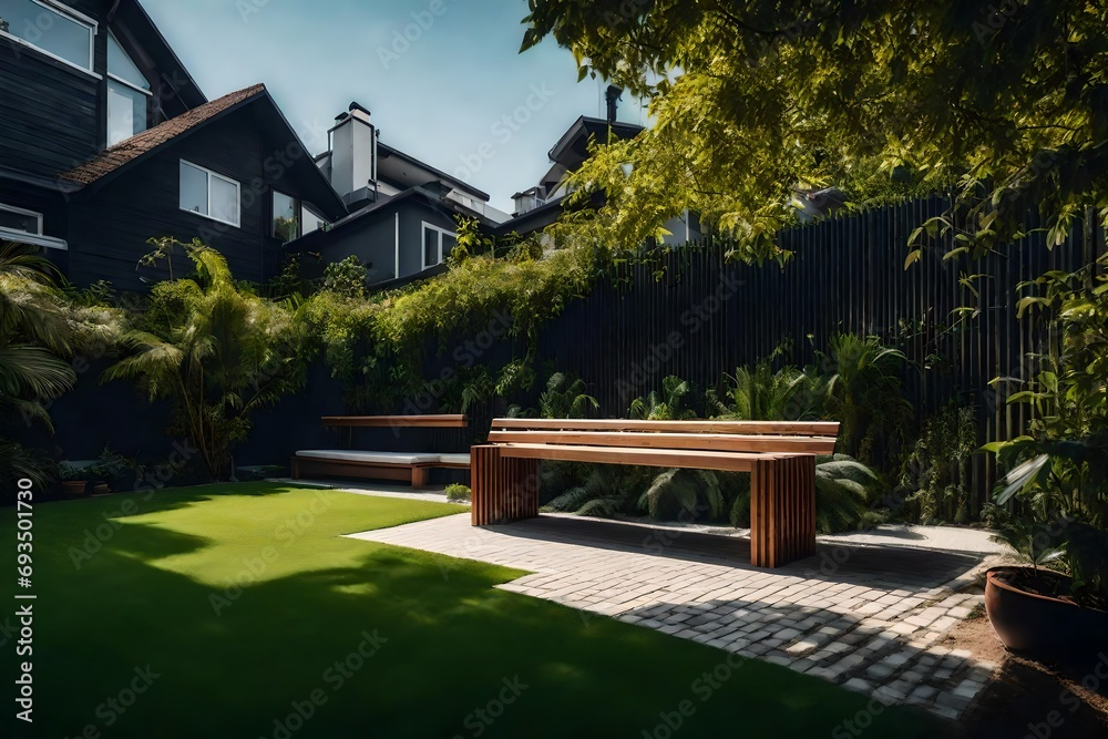 backyard with bench of modern house in city.