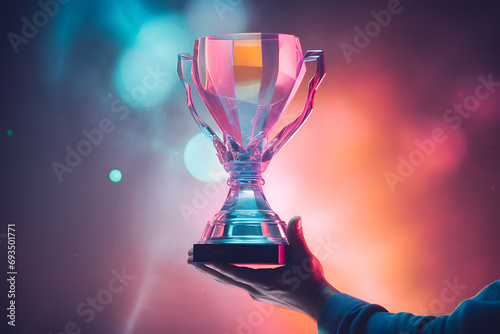 Winner's glass award trophy cup in hand with bright illumination photo