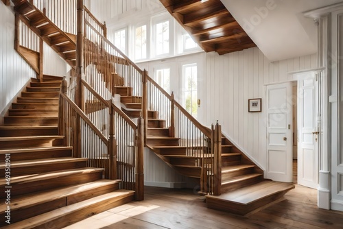 **wooden staircase in light cottage with white walls.