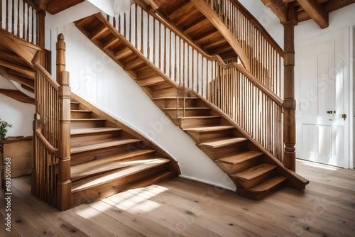   wooden staircase in light cottage with white walls.