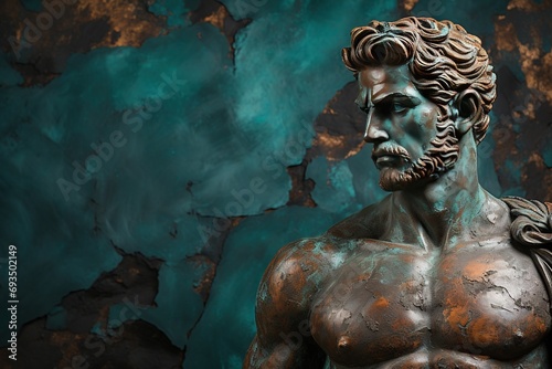 A beautiful ancient bronze greek, roman stoic male statue, sculpture on a copper backdrop. Great for philosophy quotes. © Merilno