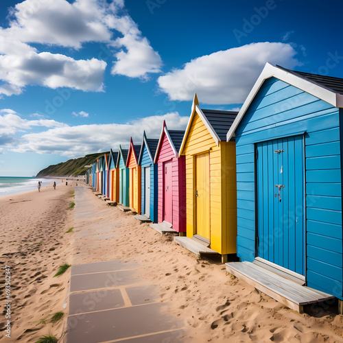 Row of beach huts with colorful doors along a sandy shoreline