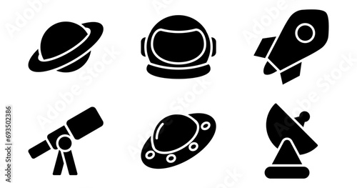 Space Icons. Vector Graphics Featuring Designs of planet, rocket, astronaut helmet, telescope, satellite, UFO. Icon Set in solid Style photo