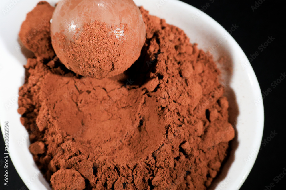 Trufa de chocolate sobre una cama de cacao en polvo en un plato blanco, destacando la textura y el contraste entre el cacao y la suavidad de la trufa. Ideal para amantes del chocolate gourmet.