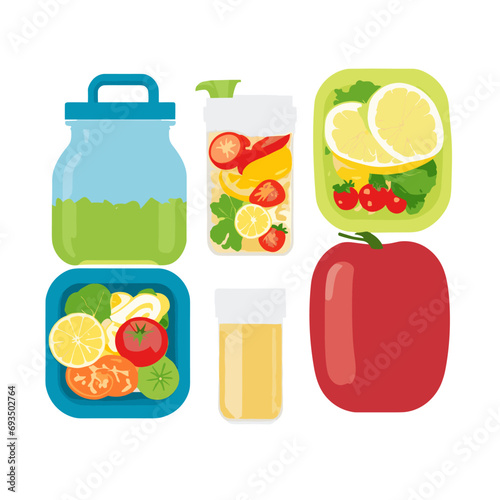set of food and drinks