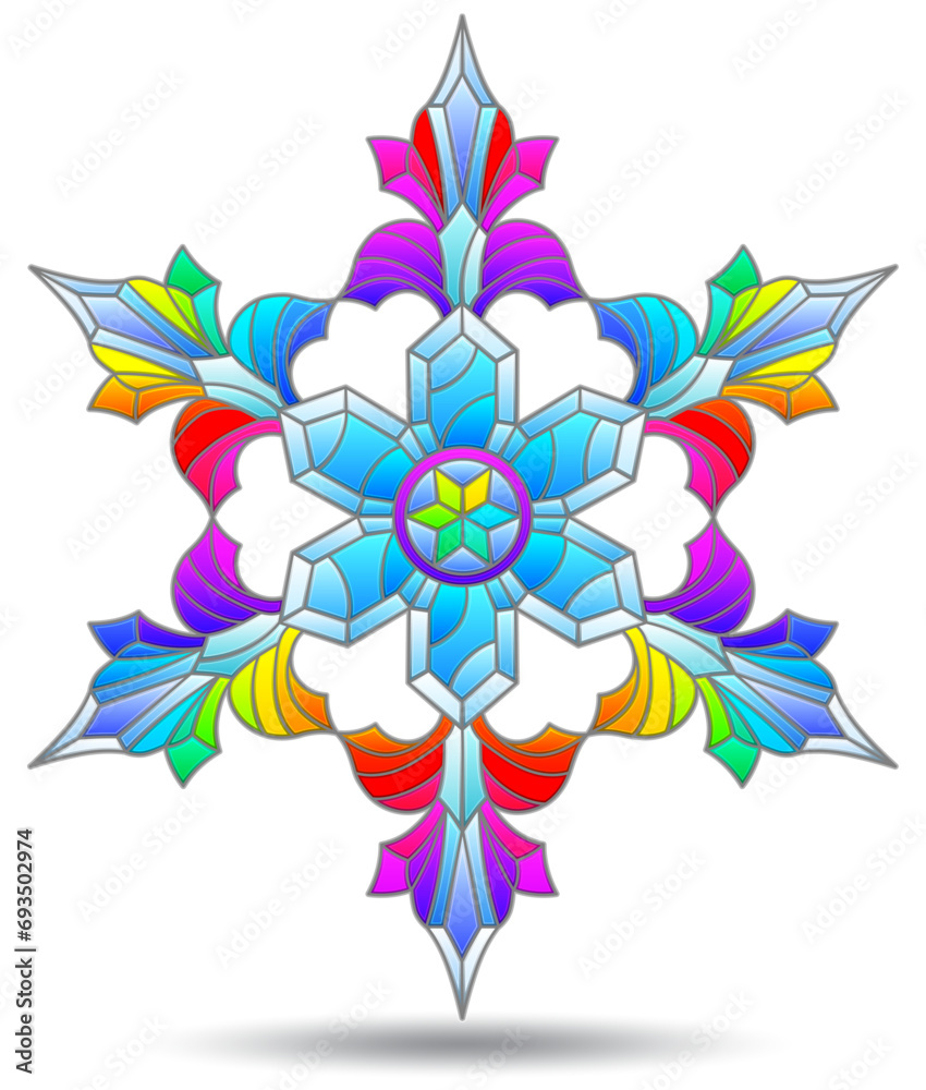Illustrations in stained glass style with a bright openwork snowflakes, isolated on a white background