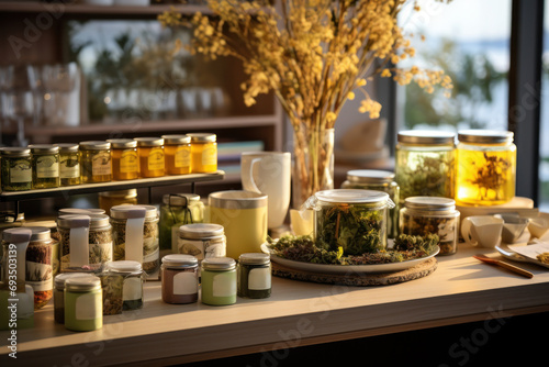 A well-stocked herbal tea corner, encouraging the exploration of diverse herbal infusions for overall well-being. Concept of herbal wellness. Generative Ai. photo