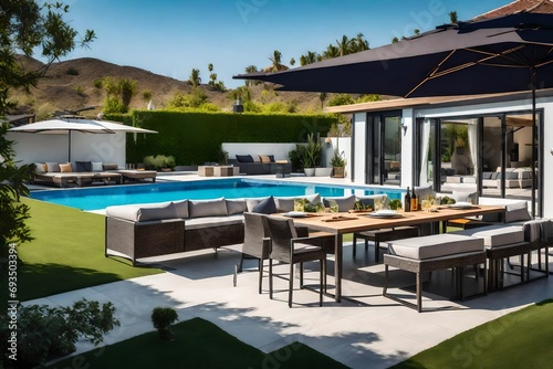 sunbeds and dining zone near pool in backyard of modern house.
