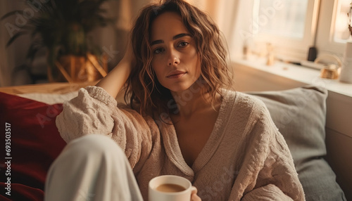 Beautiful girl with cup of coffee. AI