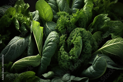 A dynamic mix of leafy greens, including kale, spinach, and arugula, presenting a nutrient-packed foundation for salads and meals. Concept of leafy green vitality. Generative Ai.