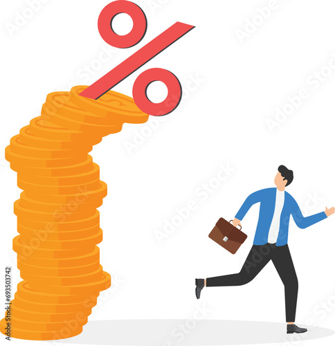 Businessman escaping the falling icon percentage. High interest costs. Modern vector illustration in flat style

