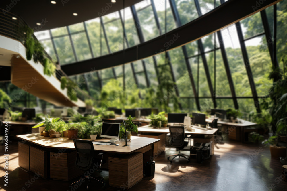 A green office with plants and natural light, emphasizing the importance of biophilic design for employee well-being and productivity. Concept of eco-friendly workplaces. Generative Ai. A green office with plants and natural light, emphasizing the importance of biophilic design for employee well-being and productivity. Concept of eco-friendly workplaces. Generative Ai.