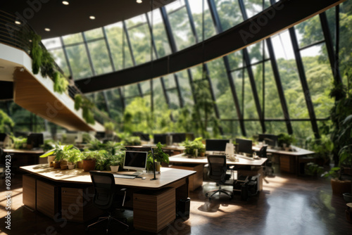 A green office with plants and natural light  emphasizing the importance of biophilic design for employee well-being and productivity. Concept of eco-friendly workplaces. Generative Ai.