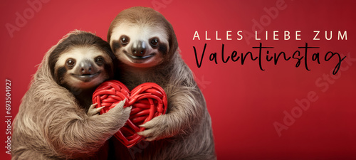 Alles Liebe zum Valentinstag, Grußkarte mit deutschem Text - Niedliches Faultier Päärchen hält rotes Herz , isoliert auf rotem Hintergrund