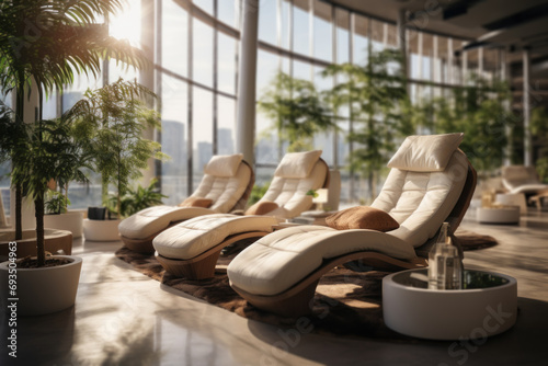 A relaxation zone featuring comfortable seating and soothing decor, providing employees with a space to unwind and recharge. Concept of stress-free workplace environments. Generative Ai. photo
