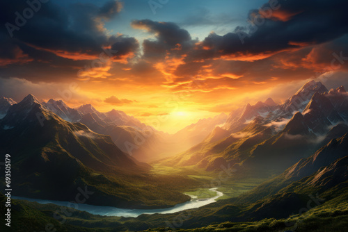 The radiant luminescence of a sunrise over a mountain range, symbolizing the renewal of light and energy at the start of a new day. Generative Ai.