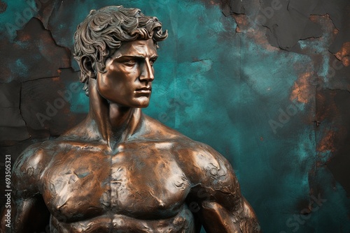 A beautiful ancient bronze greek, roman stoic male statue, sculpture on a copper backdrop. Great for philosophy quotes.