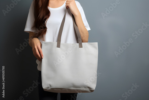 Mock up of pure white tote bag on grey background