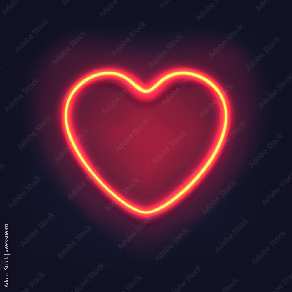 Neon heart on dark background. Decoration, sign or symbol for Valentine's Day. Electric light glow banner.