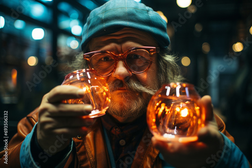 A portrait of a glassblower with the reflection of flames in their goggles. photo