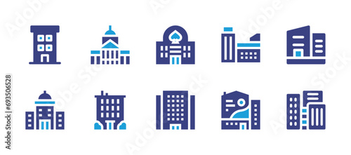 Building icon set. Duotone color. Vector illustration. Containing casino, office, building, town, city hall, nursing home, city building.
