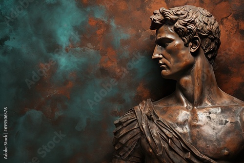 A beautiful ancient bronze greek, roman stoic male statue, sculpture on a copper backdrop. Great for philosophy quotes. photo