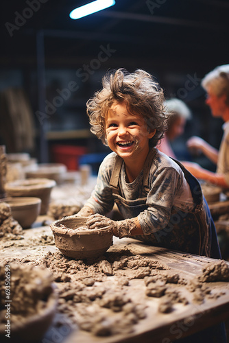 A child first experience with clay at a pottery wheel. photo