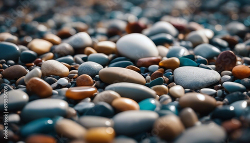 Multi-colored stones on the seashore. Smooth stones. AI generated