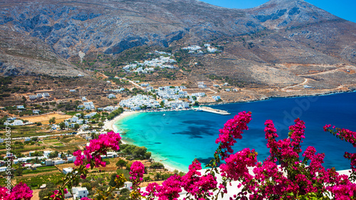 Best beaches of Greece in Cyclades. Stunning Greek beaches in Amorgos island, scenic Aegialis bay with turquoise sea.