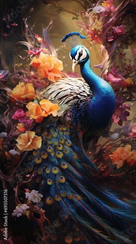Art illustration of horses peacock surrounded by flowers
