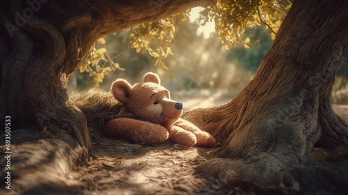 Cute illustration of Winnie the Pooh playing with in the park, 3d realistic