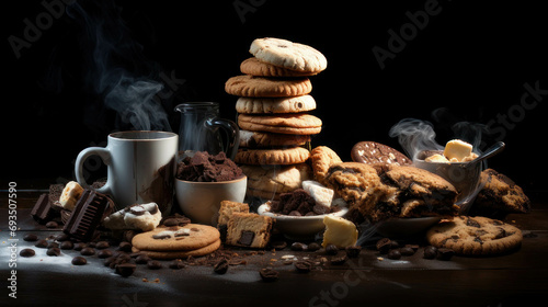 Cookies. A delightful mix of various foods, encompassing coffee and cookies, offers a tempting of flavors
