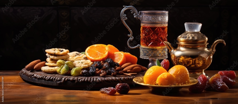 Focus on Arabic tea and dried fruits, traditionally. Focus on Arabic tea and dried fruits, traditionally.