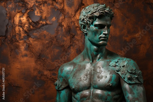 A beautiful ancient bronze greek  roman stoic male statue  sculpture on a copper backdrop. Great for philosophy quotes.