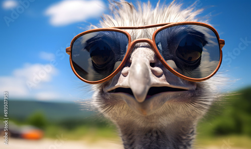 Happy ostrich wearing sunglass for a commercial advertisement image
