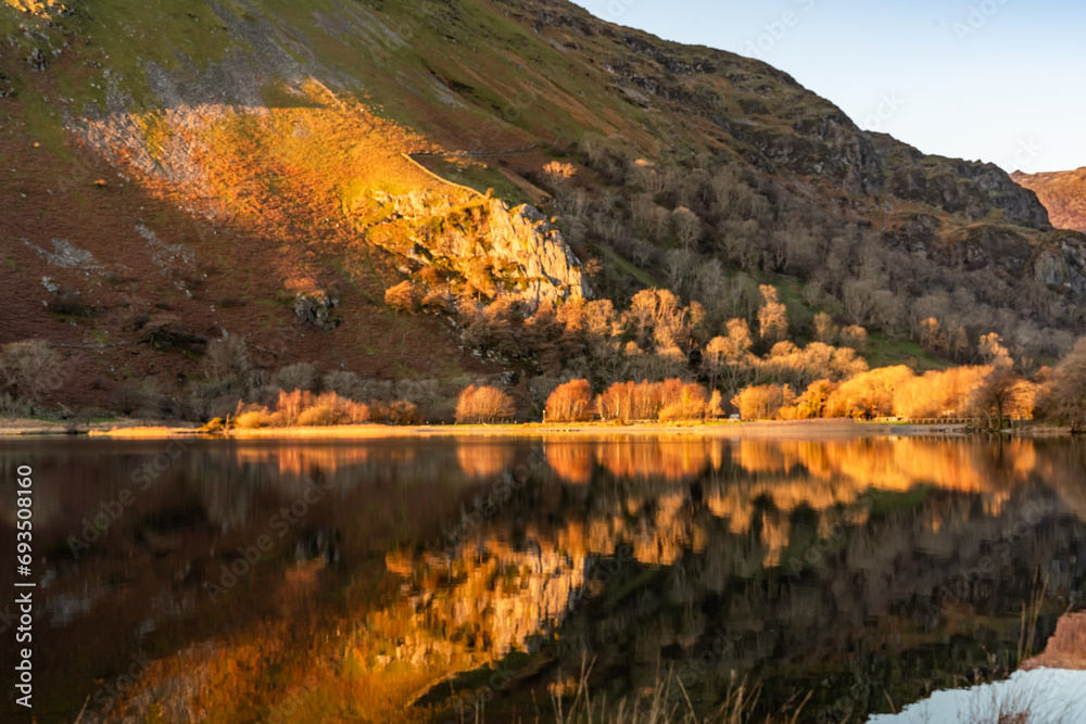 Reflection views around Snowdonia lakes in winter