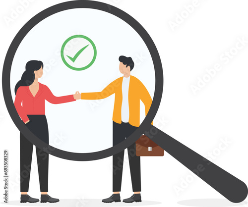 Woman holding a magnifying glass zooms in as two businessmen shake hands and agree to do business. Business transparency. Flat vector illustration.

