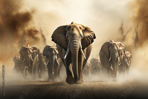 An abstract and minimalistic representation of elephants marching in a parade, using computer graphics for a contemporary touch. photo
