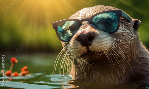 Happy otter wearing sunglass for a commercial advertisement image