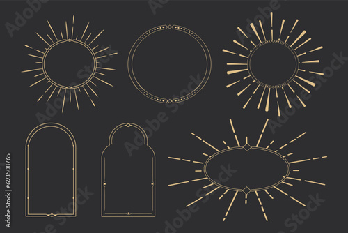 Set Golden celestial frames, borders, oval, circle and arch line art esoteric minimal decoration with sparkles isolated on dark background.